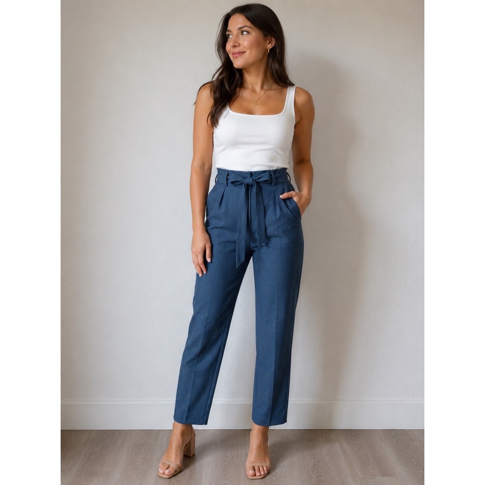 LOFT Julie Paperbag Waist Ankle Pants Blue Size 4 Textured Belted Workwear